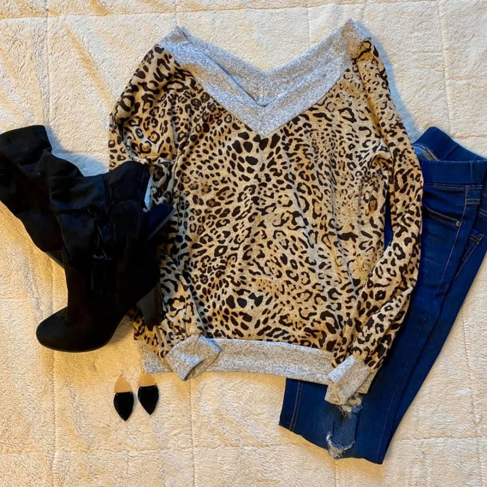 Grey Leopard V Neck Sweater